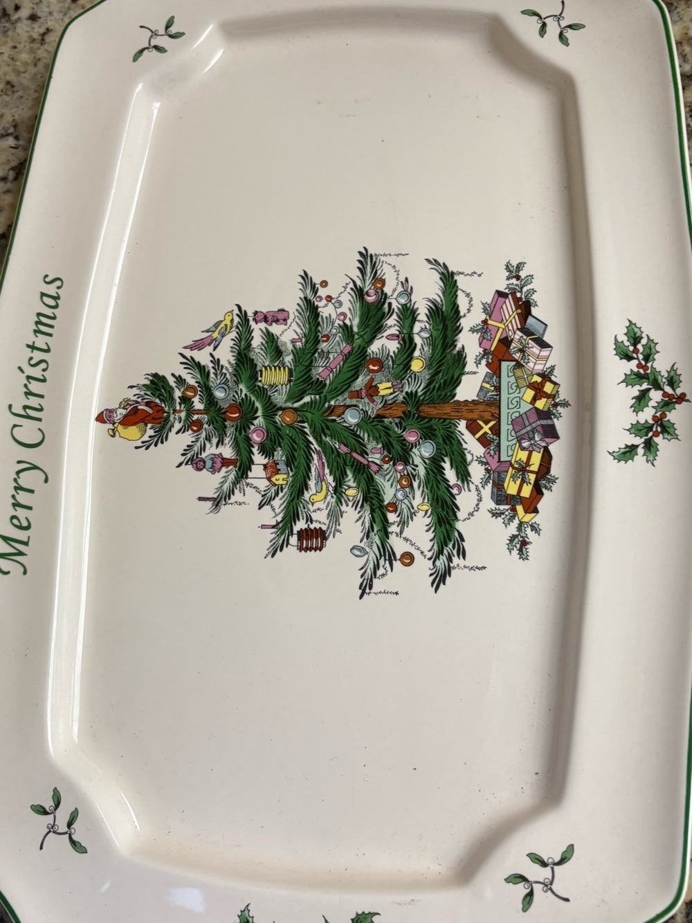 Spode White Ceramic Christmas Tree Serving Platter with Green Trim